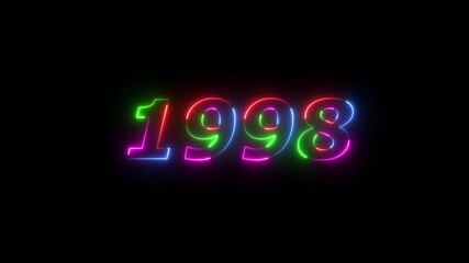 1998 neon line text. Abstract 1998 neon text animation ,For neon color Glowing neon number text background 4k video animation . 1998 title metal text on glowing text animation black background