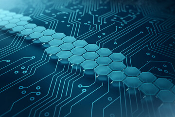 Abstract image of hexagonal shapes on a circuit board, showcasing a technological or network concept symbolizing connection, innovation, and digital progress