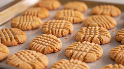 Peanut butter cookies with crisscross pattern, classic style, soft texture and bold nutty flavor