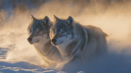 Obraz premium Two grey wolves are depicted in profile, moving through a snowy landscape. The image is softly focused, with a diffused, misty atmosphere giving a sense of movement. The light is warm, suggesting