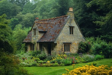 This photo is a painting showcasing a cottage set amidst a forested landscape A charming old English cottage with a blooming garden under a gentle rain .