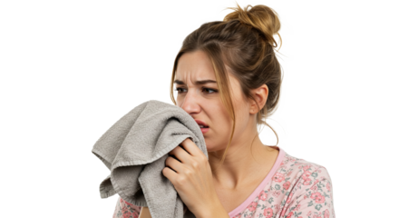 Woman Experiencing Discomfort or Pain, Holding a Cloth to Her Face
