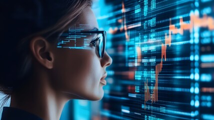 a woman analyzing financial data and technology with glasses