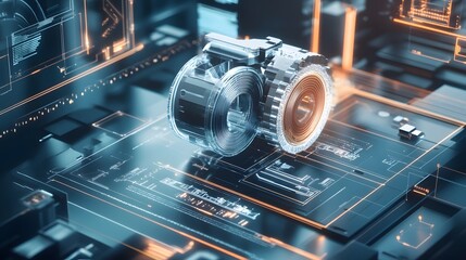 a detailed illustration of complex mechanical components. the components are depicted with a metallic, semi-transparent appearance and are set against a circuit board