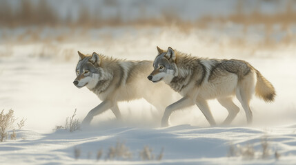 Obraz premium Two gray wolves are depicted walking through a snow-covered field. The image showcases a shallow depth of field with a soft focus on the background, highlighting the wolves in the foreground. The