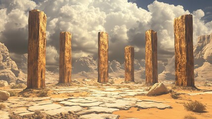 Ancient Stone Pillars in Desert Landscape with Dramatic Sky