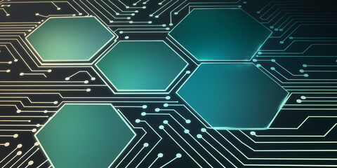 Abstract image of teal hexagons on a circuit board background, showcasing a technological or digital concept, suitable for technology or science themes