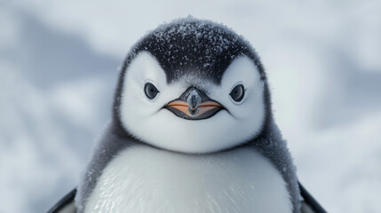 A detailed close-up shot of a young penguin chick. The image features a shallow depth of field, focusing sharply on the penguin's face and upper body. The penguin's plumage displays a mix of black