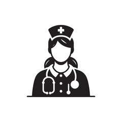 Black Color Nurse Silhouette Vector Illustration, Solid White Background