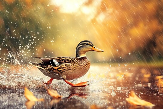 Vibrant mallard duck running on water amidst autumn rainfall