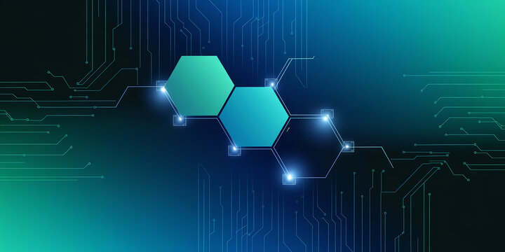 Abstract image of interconnected hexagons and circuit lines, in teal and blue hues, representing technological network, connectivity, and digital innovation, suitable for tech backgrounds