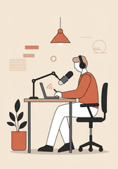 Minimalist Podcast Host Illustration Recording with Microphone and Laptop