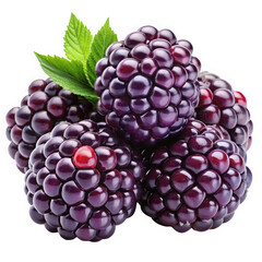 A vibrant cluster of fresh blackberries with green leaves, showcasing their rich color and shiny texture, perfect for desserts or healthy snacking.