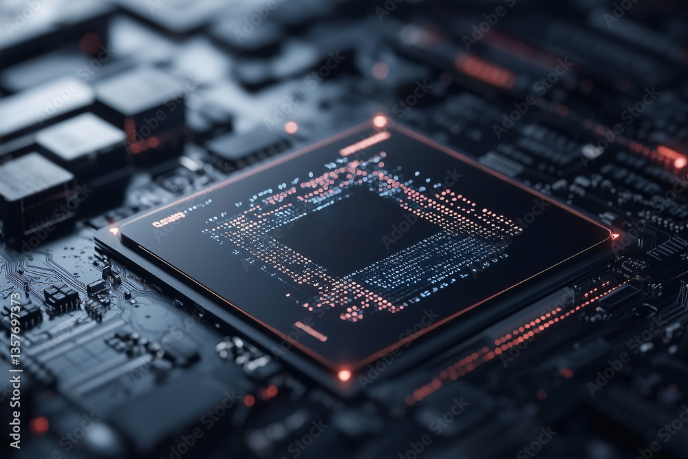 Poster digital heart: a close-up view of a powerful computer processor, showcasing intricate circuitry and 