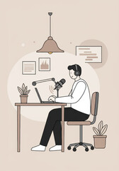 Minimalist Podcast Host Illustration Recording with Microphone and Laptop