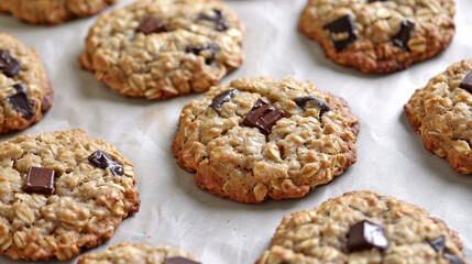Soft-baked oatmeal cookies with chocolate chips, rustic golden texture, cozy snack option for lunch boxes or cafes