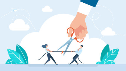 Use scissors to cut the ropes of man and woman tug of war. Divorce. Negotiation or stop fighting concept. Mediation as conflict compromise and solution management person concept. Flat illustration