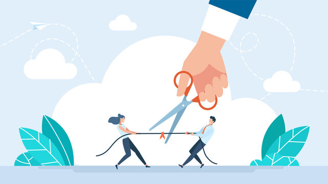 Use scissors to cut the ropes of man and woman tug of war. Divorce. Negotiation or stop fighting concept. Mediation as conflict compromise and solution management person concept. Flat illustration