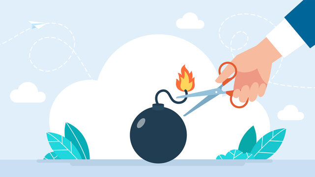 Holding scissors to cut the burning bomb fuse to relieve the crisis. A hand cuts the lit fuse of a bomb with scissors, solving problem, solution. Big problem, solution in business. Flat illustration
