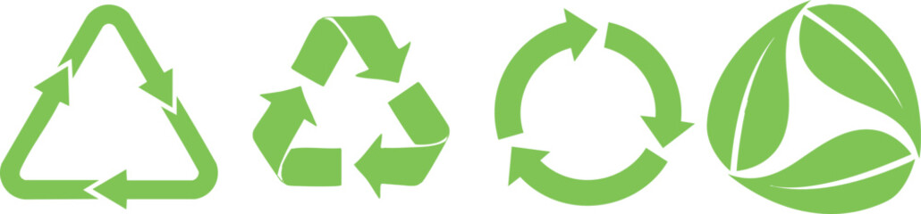 recycle and eco-friendly icon set in green. Includes recycling arrows, circular arrows, and leaf-inspired symbols. Ideal for sustainability projects, packaging, and environmental design.