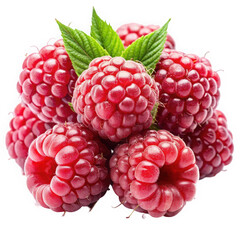 A vibrant cluster of fresh, plump raspberries with deep red color and green leaves, perfect for a healthy snack or dessert.