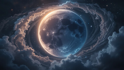 A clear night sky featuring a bright, full moon surrounded by scattered stars.
