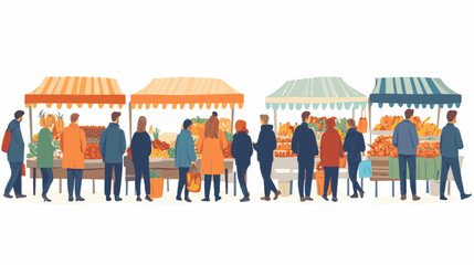 A group of people are shopping at a market. There are several people in the foreground and background, and they are all carrying bags. The market is filled with various fruits and vegetables