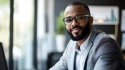 Obraz premium a portrait of an attractive African-American businessman, wearing glasses, with a gentle smile in a bright office. The man has a neatly trimmed beard and is dressed in a suit.