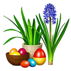 Festive Nowruz Greeting Card with Persian New Year Text, Painted Eggs, Haft-Sin Items, and Hyacinth Flowers – High-Quality PNG with Transparent Background and Clipping Path