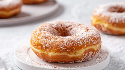 Apple fritter donut with visible cinnamon swirls and glaze, hearty sweet snack for bakery promotions and artisan product visuals