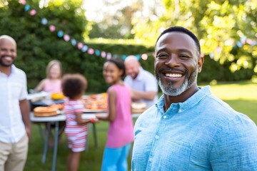 Fototapeta premium A family gathering around a backyard barbecue