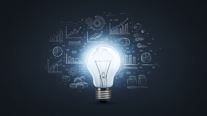 Illuminated lightbulb surrounded by hand-drawn graphs and charts, symbolizing ideas, innovation, and business solutions