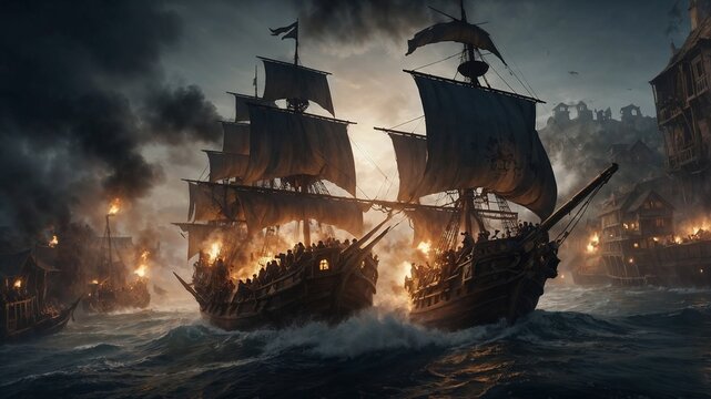 sailing pirate ship in the night battle