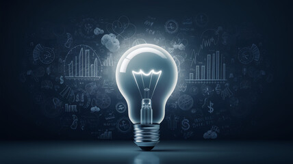 Illuminated lightbulb against a dark background, surrounded by sketched business charts and graphs, symbolizing ideas, innovation, and strategic planning in business