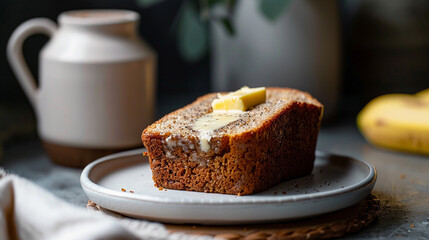 Banana bread loaf slice with butter melting on top, home-baked look perfect for comfort food promotions and morning breakfast visuals