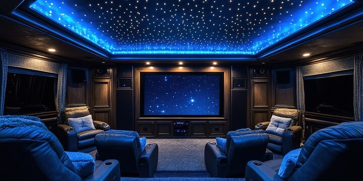 Luxurious home theater with starry ceiling and comfortable seating for movie nights