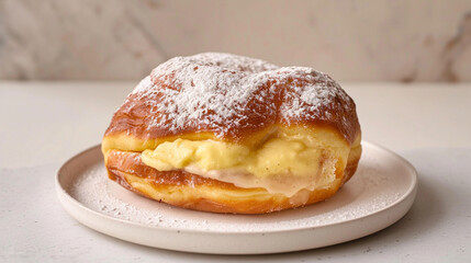 Brioche donut filled with vanilla custard, rich golden crust and creamy interior for dessert ads and bakery shelf highlights