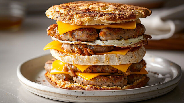 Breakfast English muffin sandwich with egg and bacon, layered handheld meal perfect for cafe menus and breakfast-to-go options