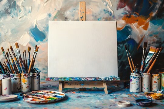 Blank canvas on easel with paintbrushes and colorful artistic background