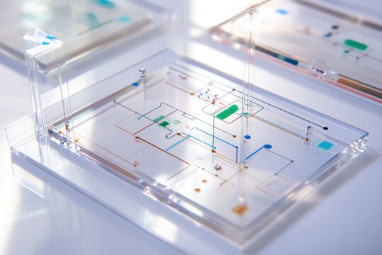 A transparent microfluidic device with integrated channels for fluid manipulation and analysis in lab-on-a-chip applications.