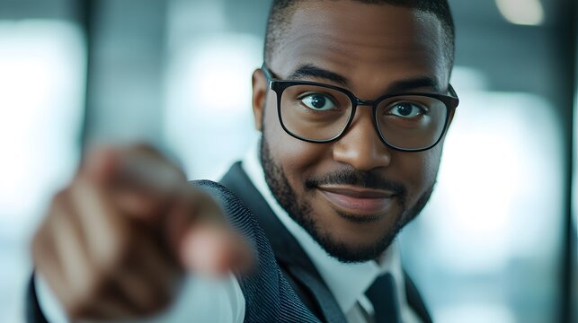 a focused black man with glasses pointing his finger, exuding confidence. He's wearing a vest and suit, looking directly at the viewer with an assertive expression