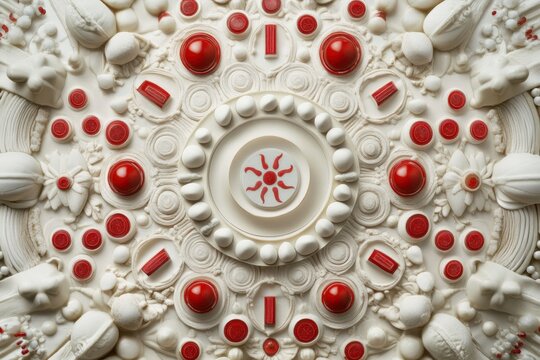 This photo showcases a close up of a pattern created by an arrangement of white and red objects An intricate mandala using symbols of opioids and their effects .