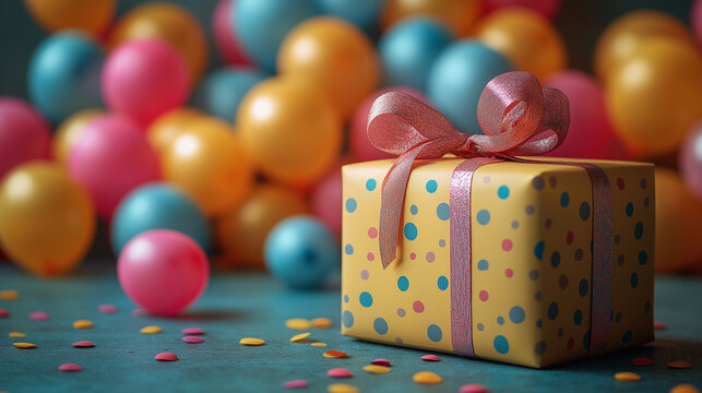 Joyful celebration filled with colorful balloons and a vibrant birthday gift waiting to be unwrapped among festive confetti in a cheerful atmosphere