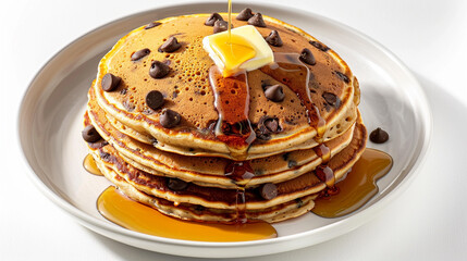 Chocolate chip pancake stack topped with whipped cream and syrup drizzle, rich breakfast dish for kids menu ads and sweet morning visuals