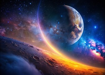 Obraz premium Panoramic Moon Landscape: Celestial Night Scene with Starry Sky and Crescent Moon