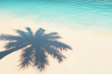 Fototapeta premium Palm tree shadow on pristine beach with turquoise sea and golden sand