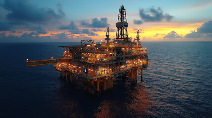 Majestic oil pump rig illuminated against a sunset horizon showcasing the intricate engineering of offshore oil and gas production