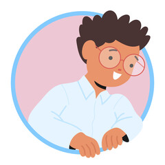 Smart little boy school children wearing eyeglasses looking out round hole frame with curiosity