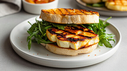 Crispy grilled halloumi sandwich with visible veggie layers, hearty gourmet vegetarian option ideal for deli promotions and healthy cafe menus