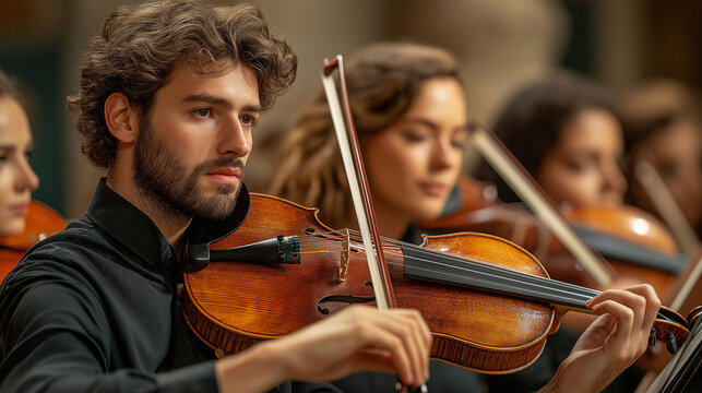 Classical musicians perform in a grand hall, creating enchanting melodies on a beautiful evening amidst a captivated audience